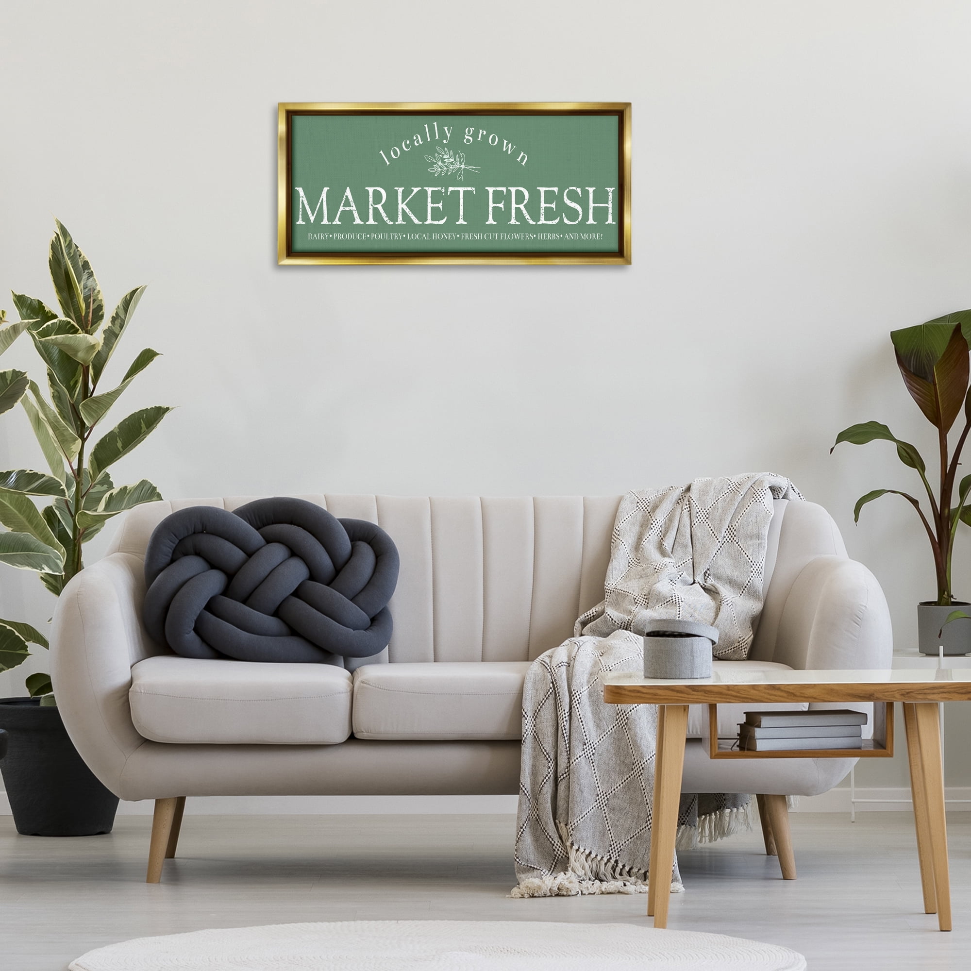 Stupell Industries Locally Grown Market Text & Numbers Painting Gold Floater Framed Canvas Art Print Wall Art, 31 x 14