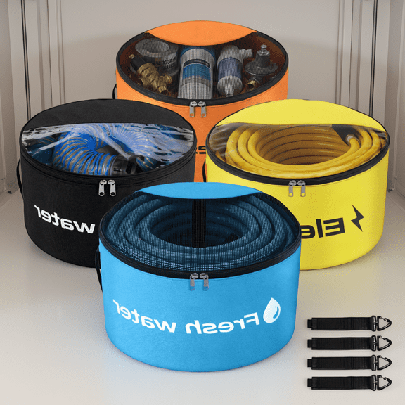 4 Pack RV Sewer Hose Storage Bags, 18x18x10 in, Waterproof with Zipper, 4 Colors for Hoses, Cords &