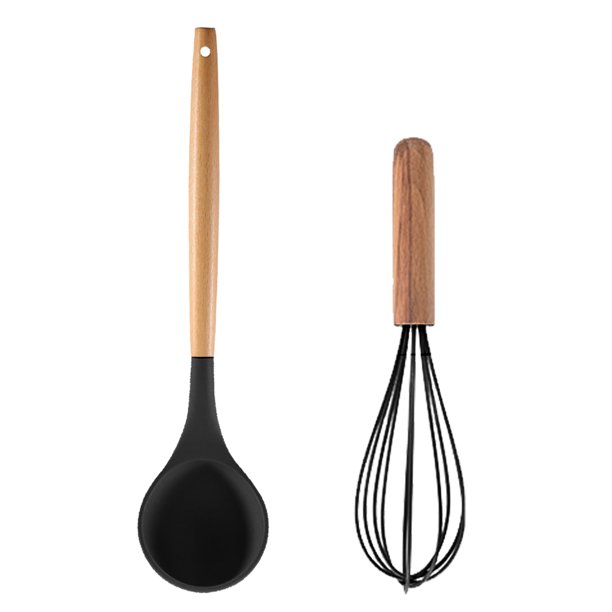 Juego de utensilios de cocina de madera y silicona, soporte para utensilios y tapa, mangos de madera, juego de utensilios de cocina antiadherentes