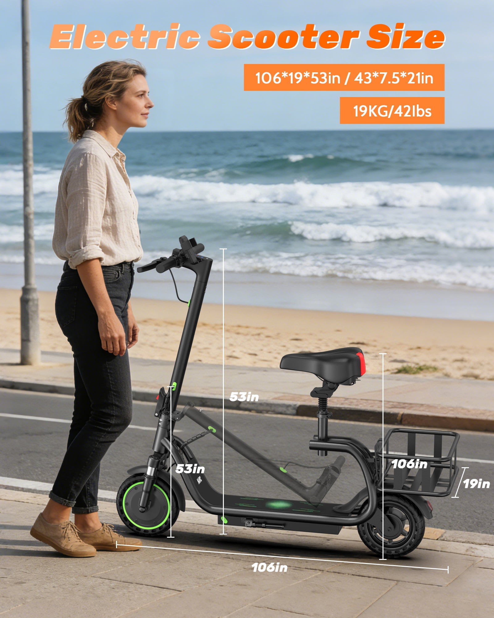 Electric Scooter with Seat for Adults, Foldable Commuter E Scooter with APP Control, Rear Basket, Front Suspension, 15 Miles Range, 19MPH, UL2272 Certified