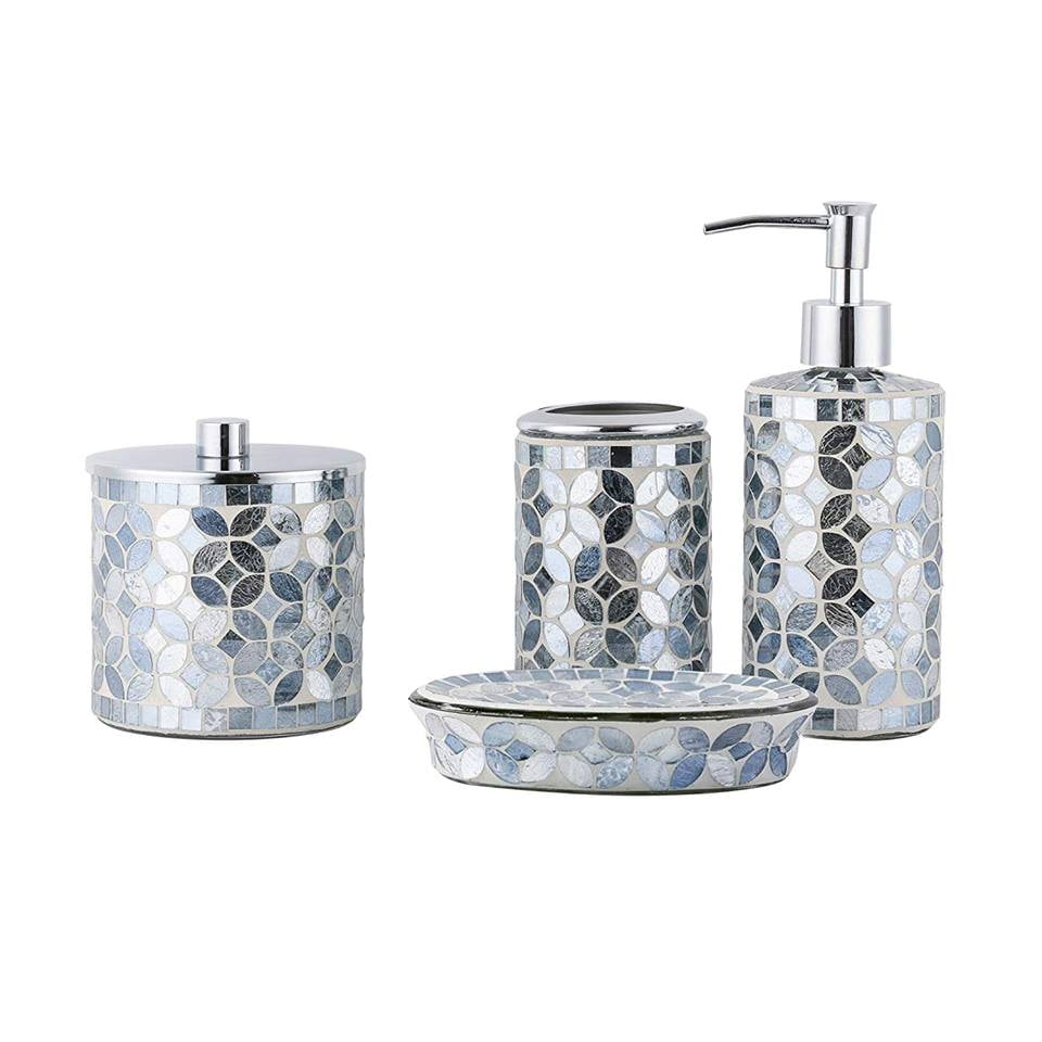 4PC Blue Mosaic Glass Bathroom Accessory/Accessories Set w Soap Dispenser/Dish 