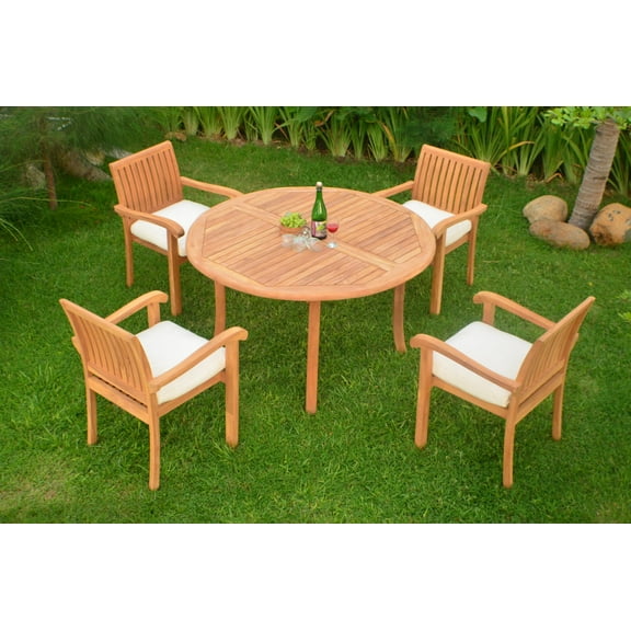 Teak Dining Set:4 Seater 5 Pc - 52" Round Table And 4 Stacking Napa Arm Chairs Outdoor Patio Grade-A Teak Wood WholesaleTeak #WMDSNP4