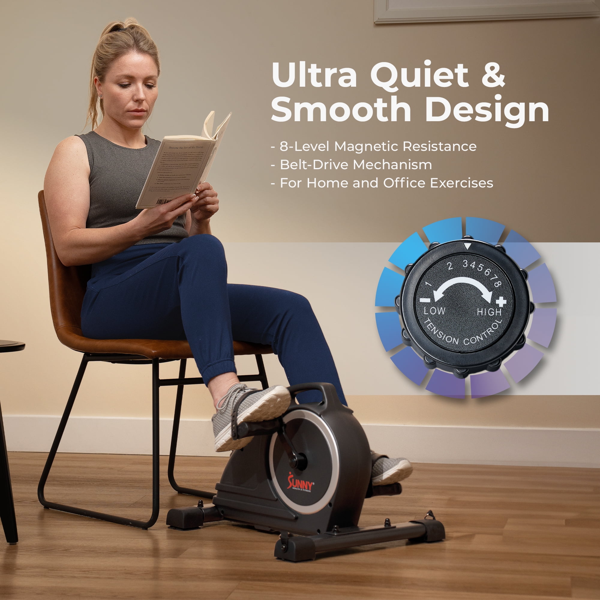 Sunny Health & Fitness Magnetic Compact Under-Desk Mini Pedal Exercise Bike w/Resistance Bands & Free SunnyFit App Connectivity – SF-B020026SMART