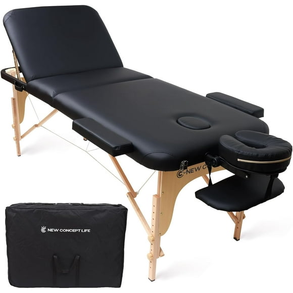 Table de Massage Portable Extra-Grand, 3 Lits de Massage SPA Professionnels Pliants avec Coussin Épais. Longueur 73 Pouces, Largeur 28 Pouces Lit de SPA à Hauteur Réglable avec Berceau pour le Visage, Accoudoirs et Sac de Transport (Hêtre, Noir)