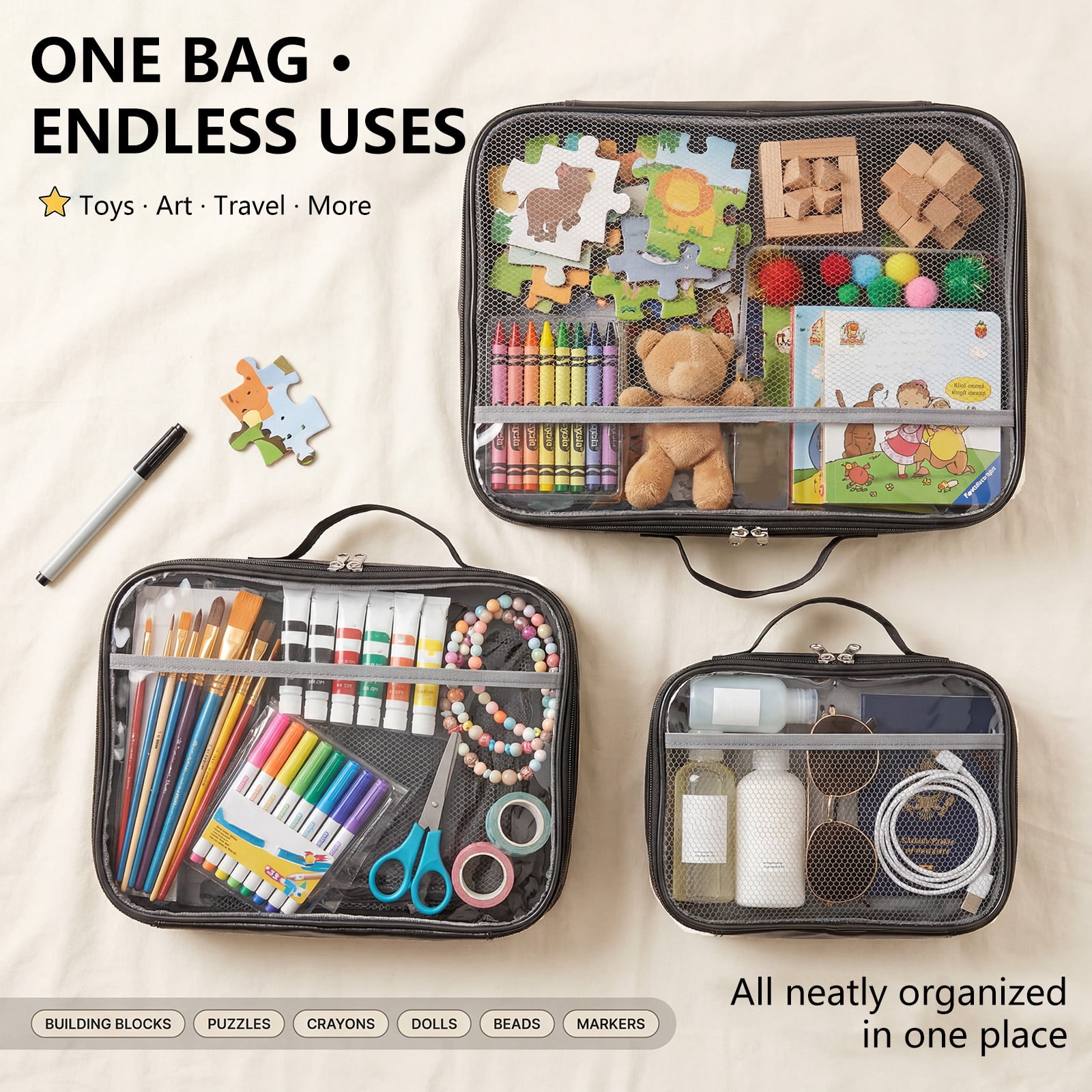 3 Packs PVC Toy Storage Organizer with Zipper Name Tag & Manual Pocket, Clear Durable Case for Blocks Clay Board Games Travel