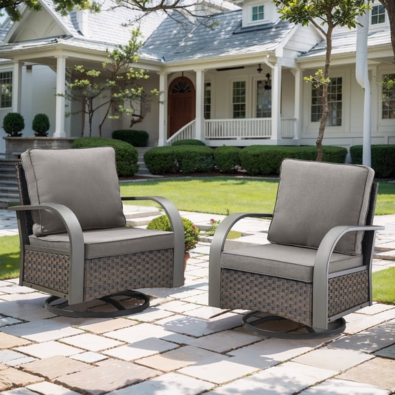 POCASSY Outdoor Swivel Glider Chairs Set of 2 with Cushions, Patio Wicker Swivel Rocking Chairs Outdoor Lounge Accent Chairs for Porch, Deck, Garden, Gray