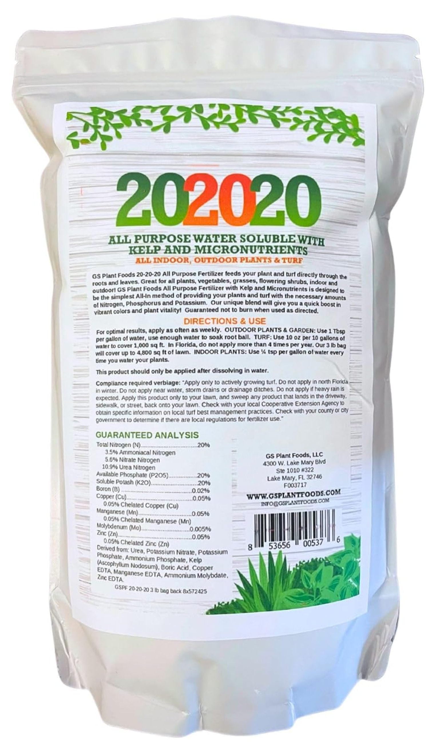20-20-20 Water Soluble Fertilizer - Balanced NPK Plant Food with Kelp, Indoor/Outdoor Plants, Garden & Turf - 3 lbs