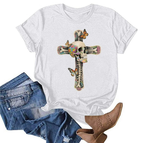 JTZGDY Skeleton Tops for Women Funny Floral Printed Summer Short Sleeve Graphic T-Shirts Trendy Basic Workout Tunic Tees Shirt A#03-White XXL