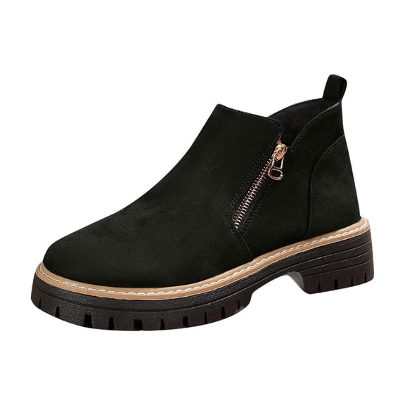 Xfvqtps Womens Suede Ankle Boots with Side Zipper Winter Casual Low Heel Booties Chunky Heel Round Toe British Style Shoes
