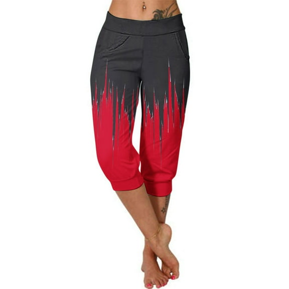 BRGZLK Womens Seven Points Pants Trendy Casual Tie Dye Gradient Print High Waist Sports Pants Yoga Pants with Pocket for Summer Beach Vocation Red XXL