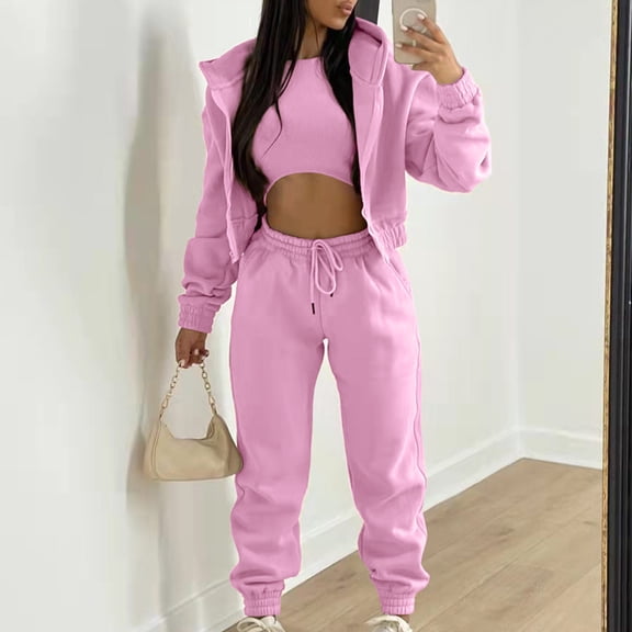 Babysbule Lounge Sets for Women Clearance Women's Winter Clothes Fleece Sweater Hooded Casual Sports Suit Women's Vest Hooded Jacket Pants Three Piece Set Tracksuit Homewear