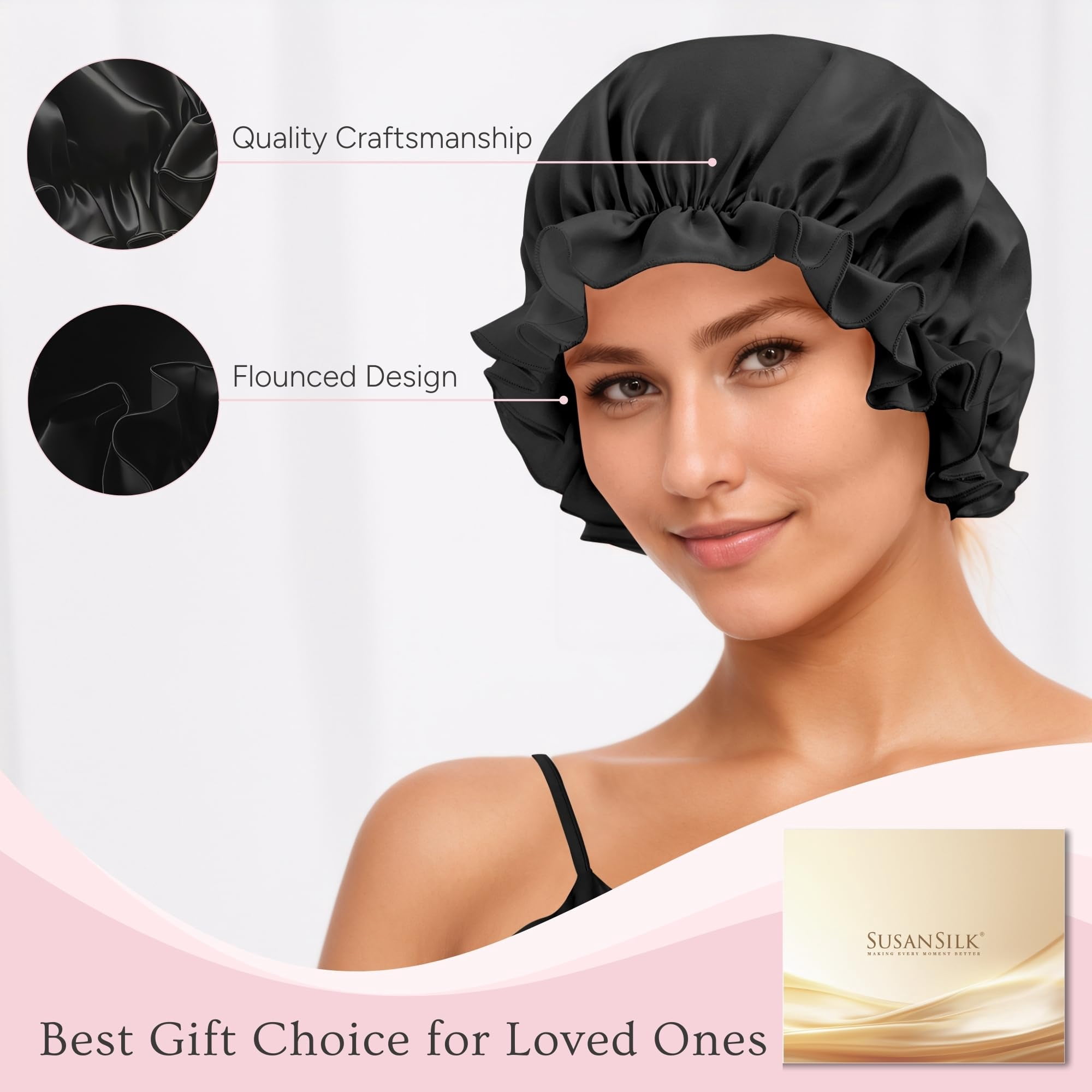 SusanSilk 19 Momme Premium Mulberry Silk Shower Cap with Garnet Flower Design and Adjustable Elastic