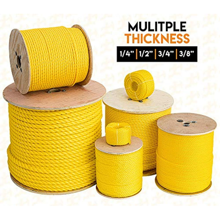 Yellow Twisted Polypropylene Rope - 1/4 Floating Poly Pro Cord 100 ft - Resistant to Oil, Moisture, Marine Growth and Chemicals - Reduced Slip, Easy