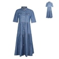 thumbnail image 4 of Skymirror Women Denim Dress Short Sleeve Single-breasted Turn Down Collar Pockets Loose Maxi Dress for Office, 4 of 8