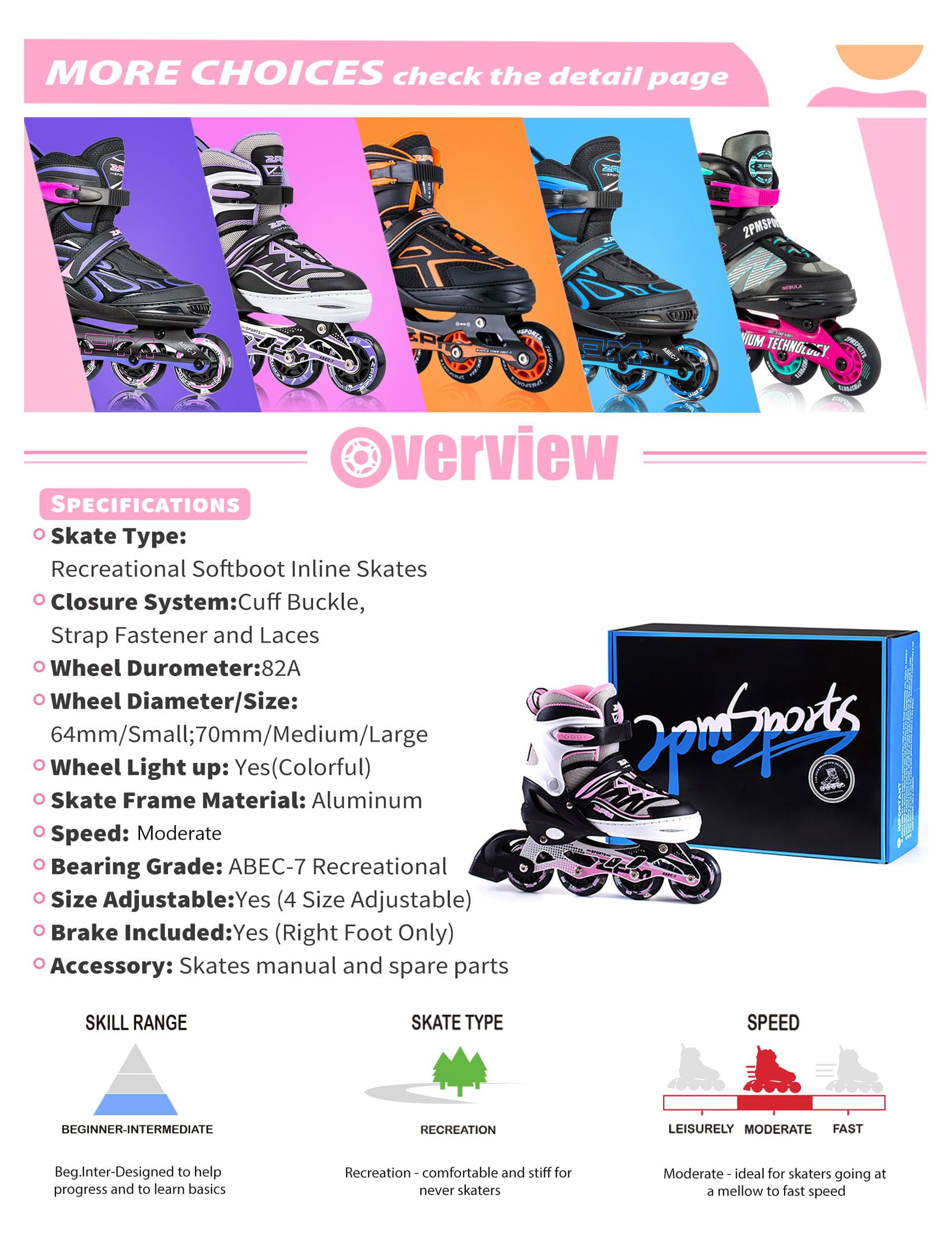 2PM SPORTS Cytia Pink Girls Adjustable Illuminating Inline Skates with Light up Wheels, Fun Flashing Beginner Roller Skates for Kids - Pink Medium(13C-3Y US)