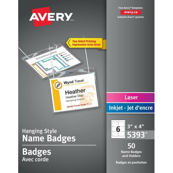 Avery Badges avec cordes pour imprimantes à laser ou jet d'encre, 3" x 4" - 5393
