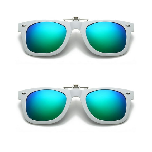 TOP-MAX Fashionable Retro Polarized Sunglasses Clip Flip-up Glasses Clip for Outdoor UV400 White Framed (2pcs, Blue Green)