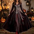 thumbnail image 4 of Huowey Halloween Witch Women Gothic Skeleton Dresses Flowy Elegant Cosplay Party Gown Long Sleeve V-Neck Eye-Catching Trick Or Treat Dress,Red,XL, 4 of 4