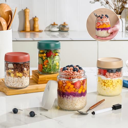 Set of 4 Glass Overnight Oats Jars with Lids, 16oz Reusable Meal Prep Containers for Chia Pudding, Baby Food, and Portable Breakfast To-Go