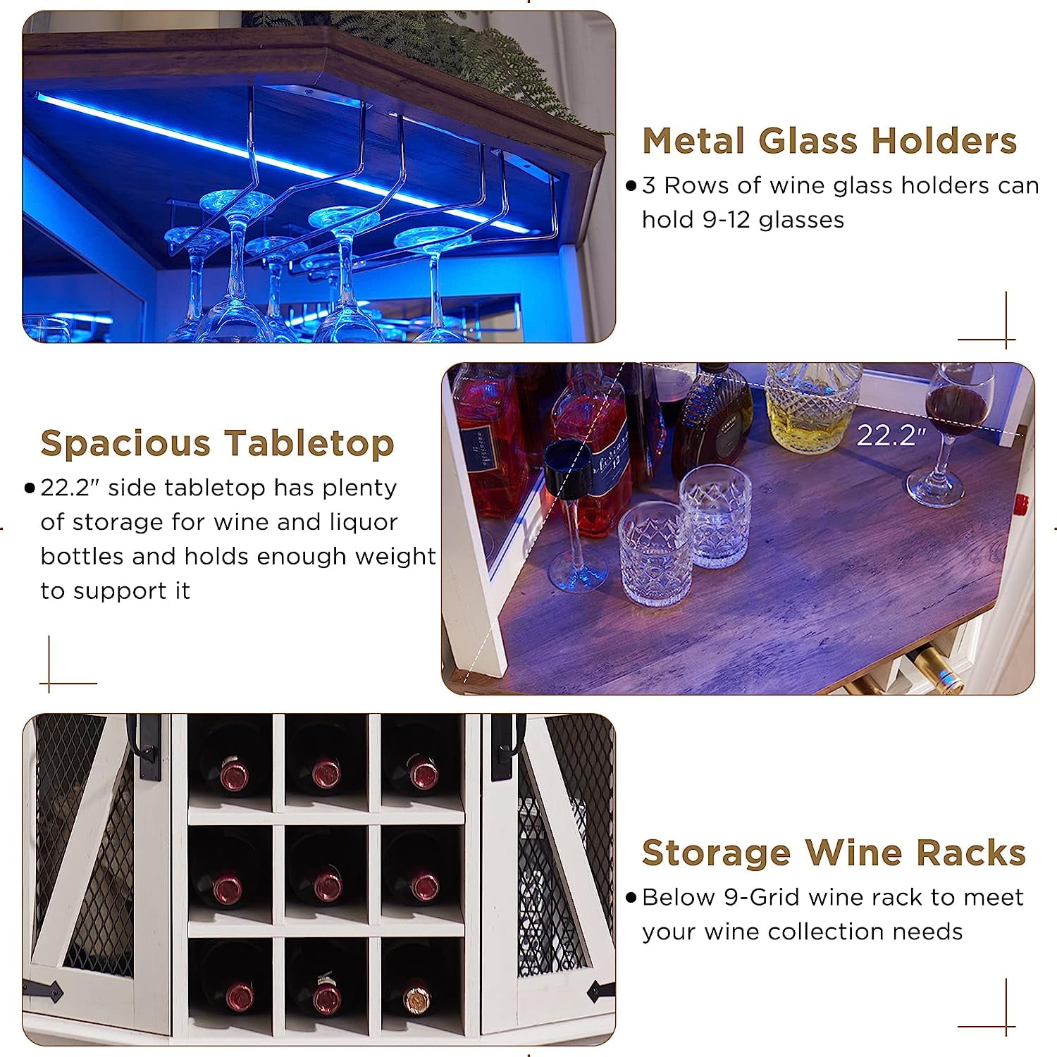 OKD Farmhouse Corner Bar Cabinet with Glass Holder, 72” Tall Wine Bar with LED Light & Adjustable Shelf for Living Room and Dining Room, White