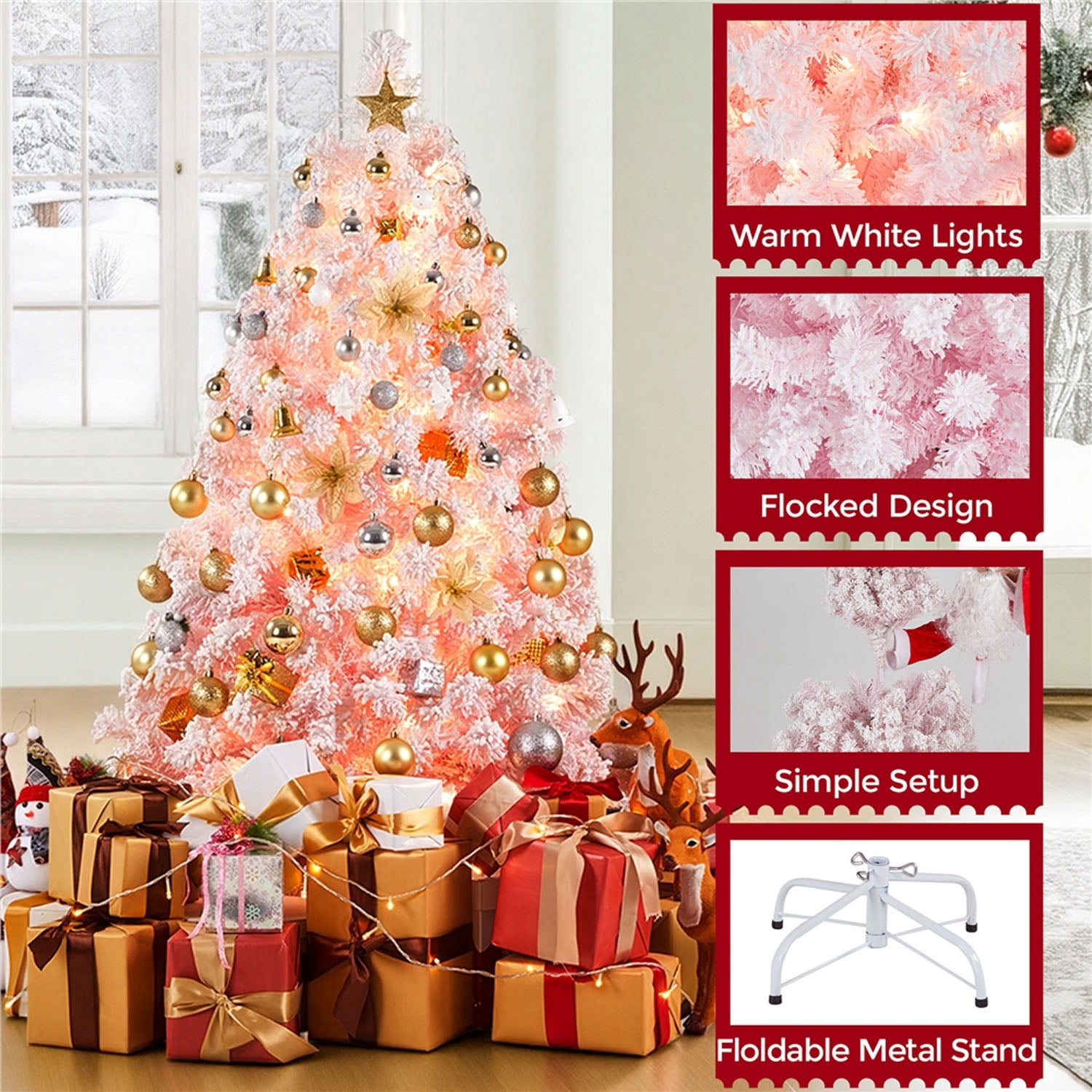 Alden Design 4.5FT Pre-lit Artificial Christmas Tree Flocked Christmas Tree with Foldable Stand and LED Warm Lights,Pink