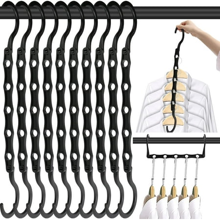Space Saving Hangers, 10PCS Magic Hangers, 5 Holes Sturdy Plastic Clothes Closet Organizers and Storage, Space Saver Organization, College Dorm Room Essentials (Black)