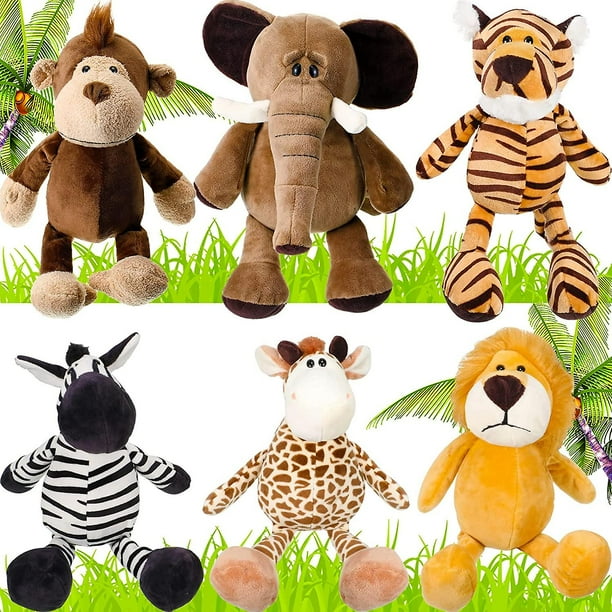 Juego de 6 juguetes de animales de peluche de safari para niños y niñas, lindo león, elefante, cebra, jirafa, tigre, mono para fiestas temáticas de animales S