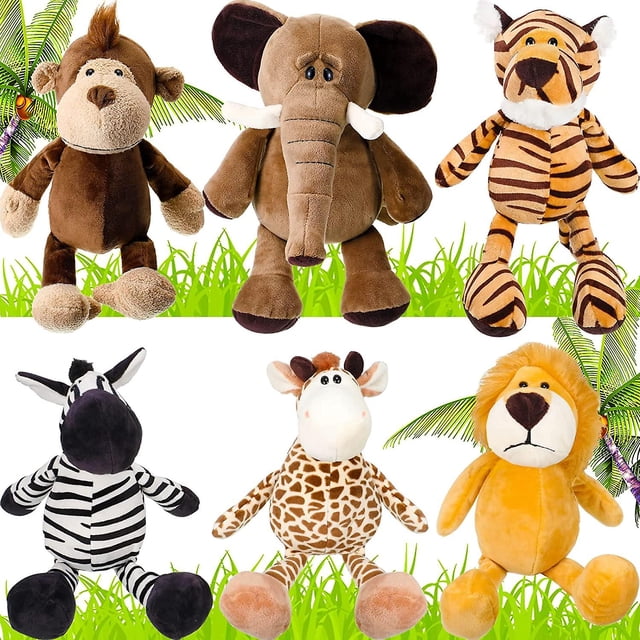 Juego de 6 juguetes de animales de peluche de safari para niños y niñas, lindo león, elefante, cebra, jirafa, tigre, mono para fiestas temáticas de animales S