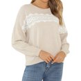 thumbnail image 3 of Women Lace Splicing Crew Neck Long Sleeve Solid Color Knitted Shirt, 3 of 6