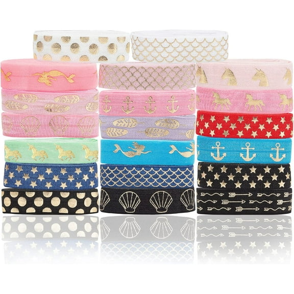 20 Yards 20 Style Printed Glitter Fold Over Elastic Ribbon Grab Bag Headband Elastic Ribbon Trim for Hair Ties DIY Sewing Crafts