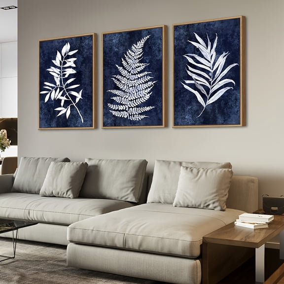 White Leaves Dark Blue Canvas Living Room Bedroom Office Decorative Painting