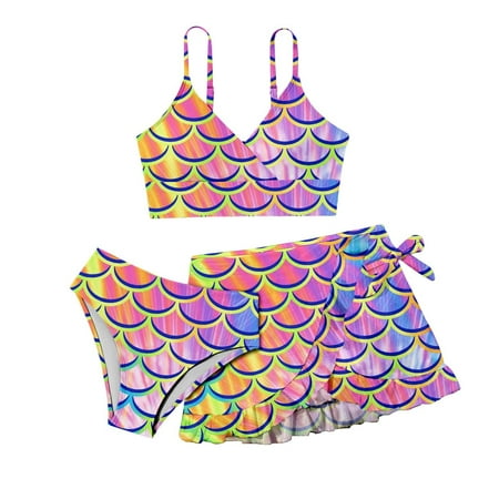 Toddler Girls Swimsuits Scale Print Gradient Spaghetti Strap Bra And Panty Bikini Sets With Swimming Skirts Cover-Up 3 Piece Swimsuit For Kids Swimwears Bathing Suits Pink 12-13 Years