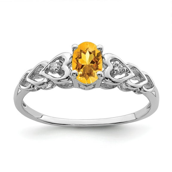 White Sterling Silver Ring Band Gemstone (11) November Citrine Oval Yellow Diamond Round