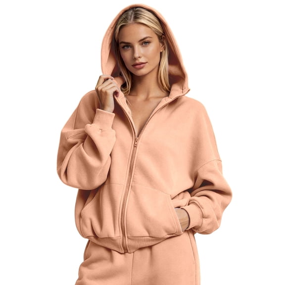 ZHOGXU Soft Womens Zip Up Hoodie Sweatshirt Solid Color Long Sleeve Tops Relaxed Fit Ribbed Cuffs With Pocket Workout Activities