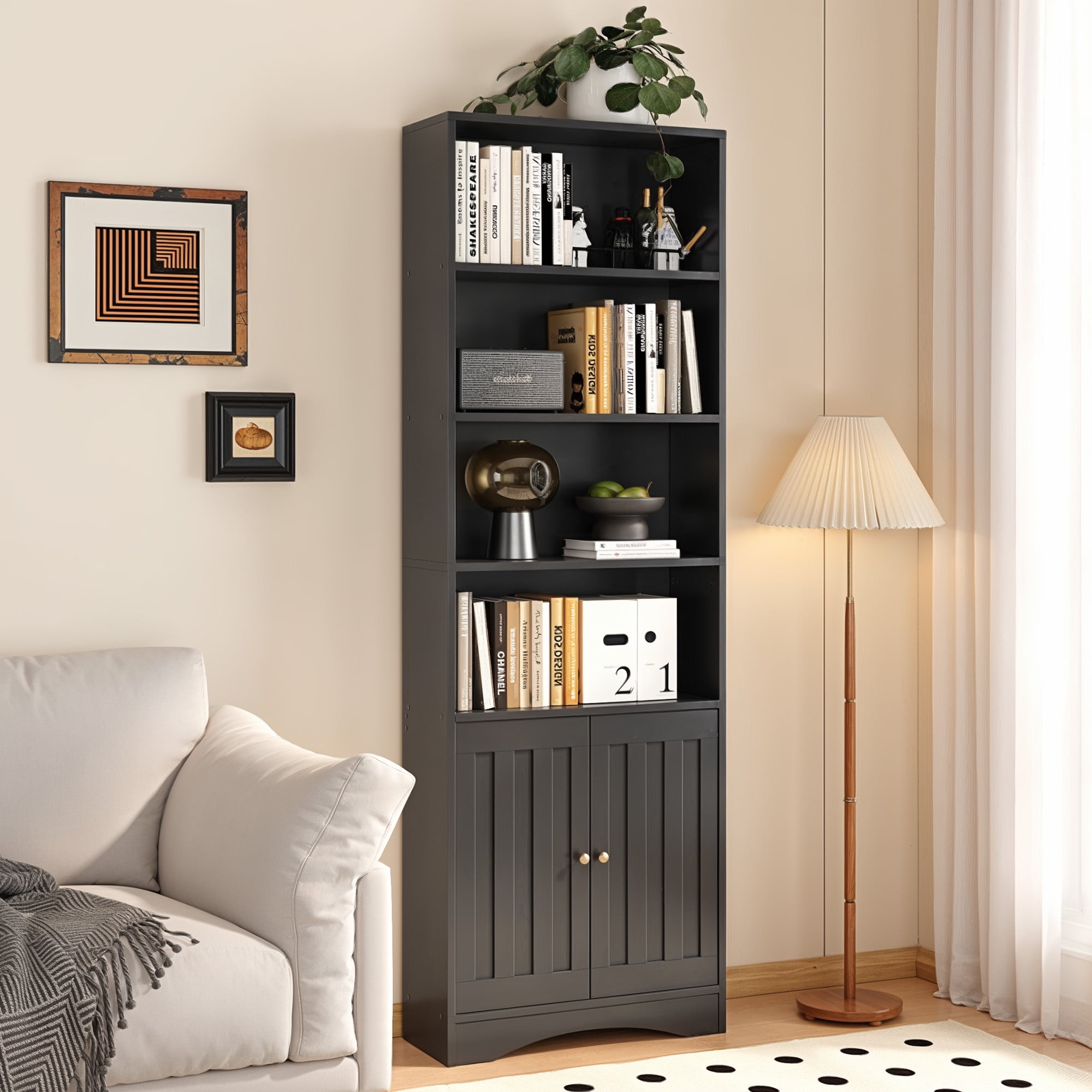 Lofka 71" 6-Shelf Tall Bookcase and Bookshelf with 2 Doors, Black