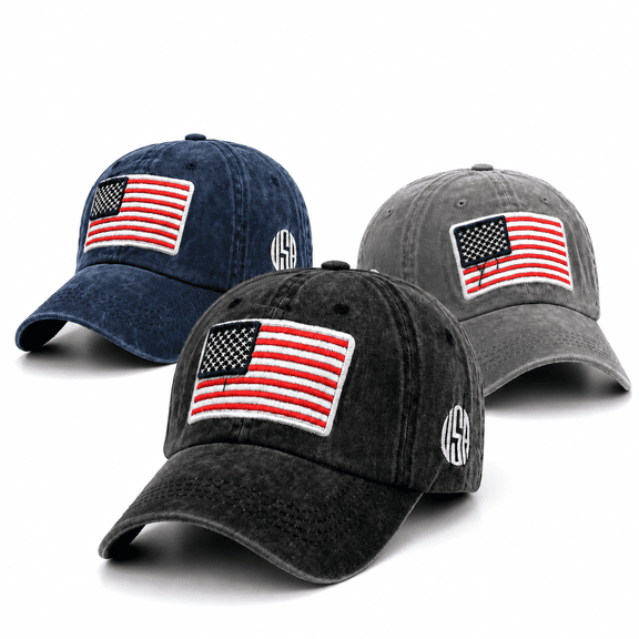KuKeDi American Flag Hat for Men Women, 3 Pack Washed Cotton Baseball Cap with Embroidered USA Flag Patch, Adjustable Dad Hat for Outdoor Travel and Daily Wear