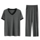thumbnail image 1 of Conjuntos de pijamas para dormir de salón con cuello en V y mangas cortas de algodón para hombre Gris oscuro L Unique Bargains Pijama, 1 of 5