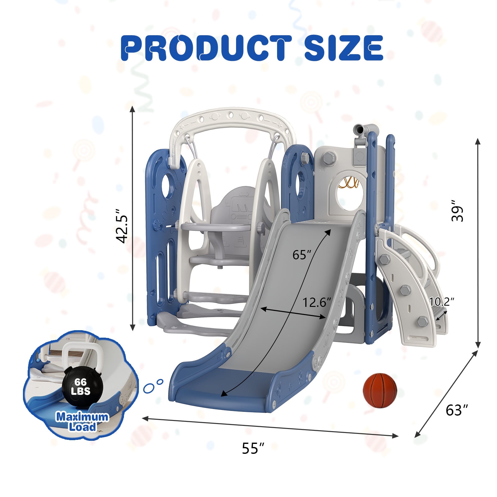 Kinsuite 7-in-1 Toddler Swing & Slide Set - Kids Slide for Toddlers 1-3 with Basketball Hoop, Swing, Ball, Storage Space & Telescope, Indoor & Outdoor Playground Playset (Blue)