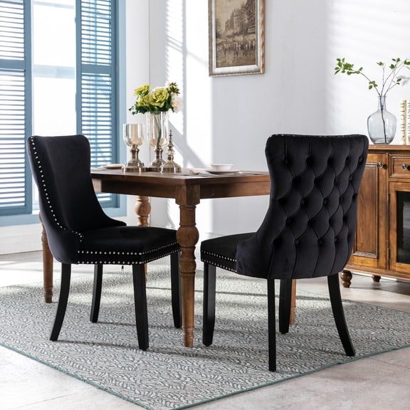 Dining Chairs Upholstered Wing-Back Dining Chair with Backstitching Nailhead Trim and Solid Wood Legs,Set of 2, Black,SW8809BK, KD,Fabric Dining Chairs