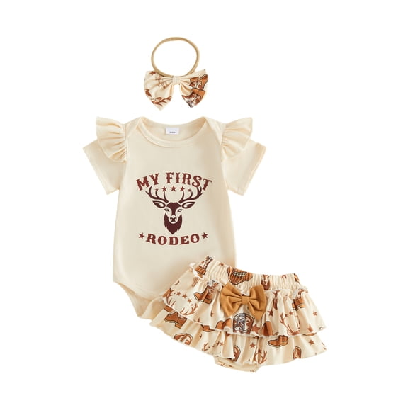 BemeyourBBs Baby Girl My First Rodeos Outfit Newborn Western Baby Girl Cowgirl Outfit Short Sleeve Letters Deer Print Romper Layered Shorts Skirt with Hairband Summer Clothes 3Pcs Set