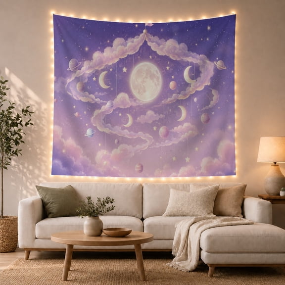 Full Moon and Crescent Moons with Spiral Clouds in Pastel Galaxy, Dreamy Celestial for Space Lovers, Colorful Planet Wall Art, Christmas Gift Tapestry Wall Hanging for Bedroom and Dorm