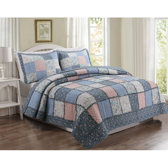 Floral Country Patchwork Quilt Set 3Pcs Bedding Set Bedroom Bed 100% Cotton King Size