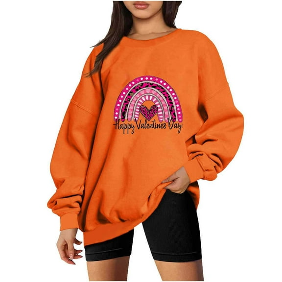 Crewneck Sweatshirts for Women Valentine's Day Cute Funny Graphic Print Pullover Tops Casual Long Sleeve Shirt(Orange,XL)