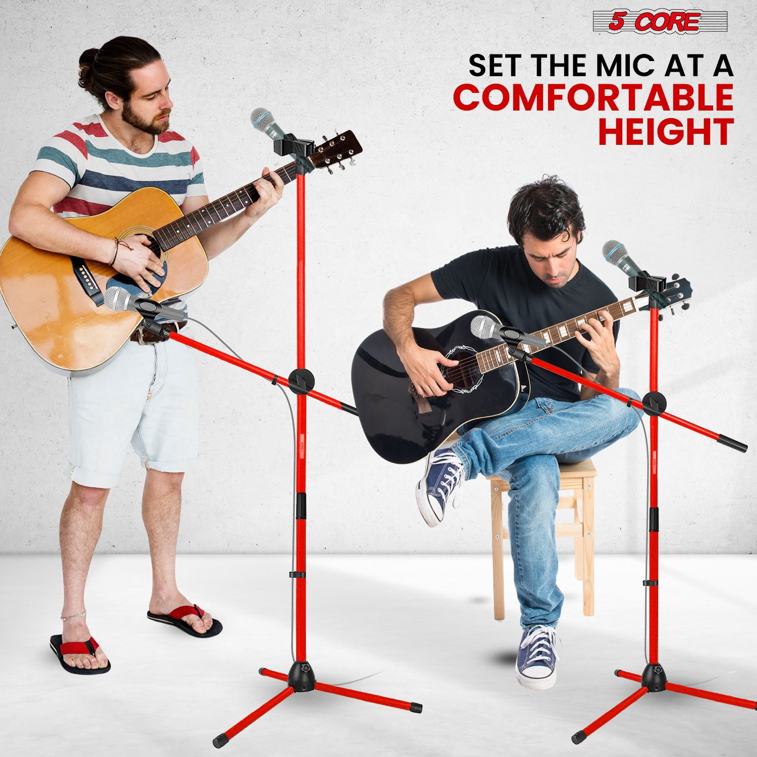 Mic Stand Floor Height Adjustable Tripod Microphone Stands w Extending Telescoping Boom Arm - MS DBL G Red