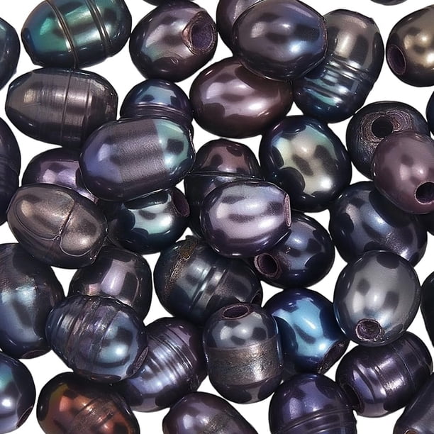 1 caja de 50 perlas ovaladas naturales de agua dulce negras de 7 mm, 1,8 mm, con agujero grande, forma de arroz cultivado, perlas reales sueltas a granel