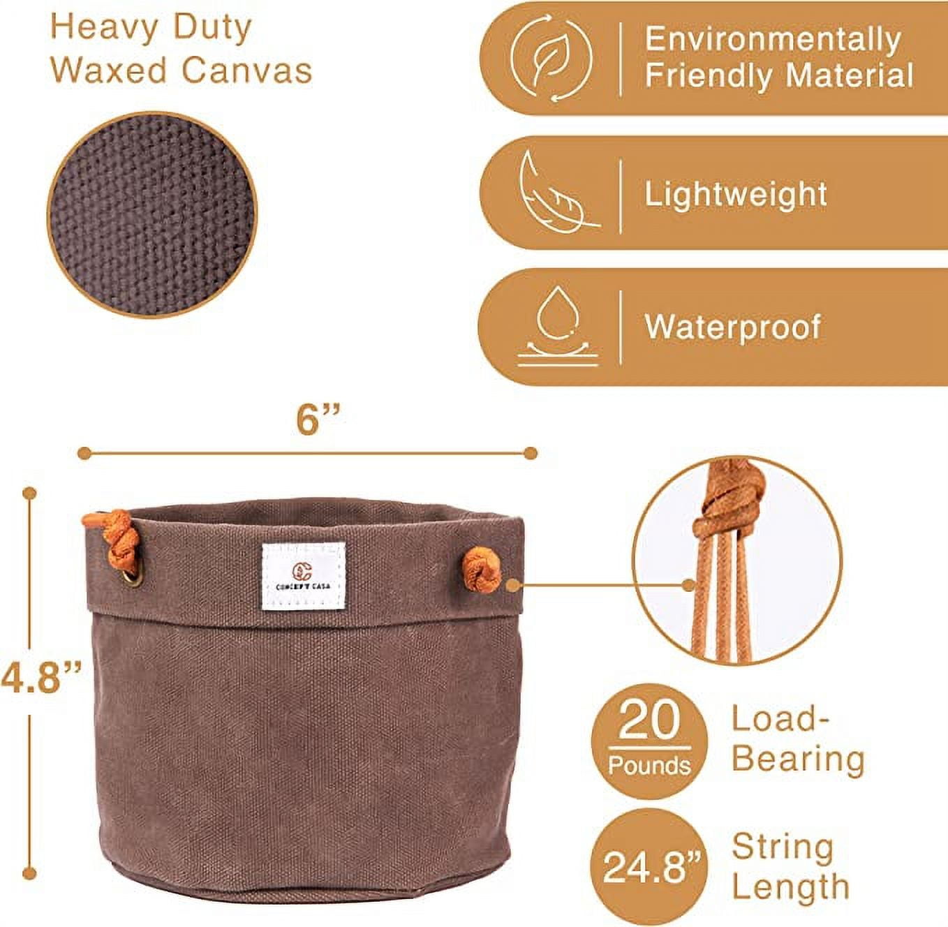 Concept Casa Small 5" Solid Print Hanging Planter with Handmade Waxed Canvas (Charcoal Gray)