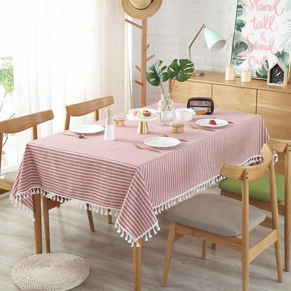 Striped Tassel Tablecloth Cotton Dust-proof Tablecloth for Kitchen Centerpiece (Rectangular, 40 x 55 ") - Red