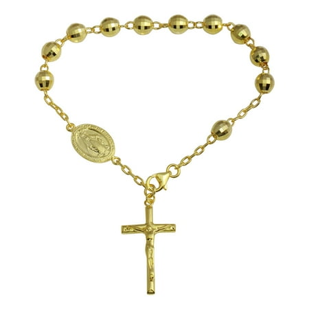 Gold-Tone Plated Sterling Silver Diamond Cut Rosary Bracelet