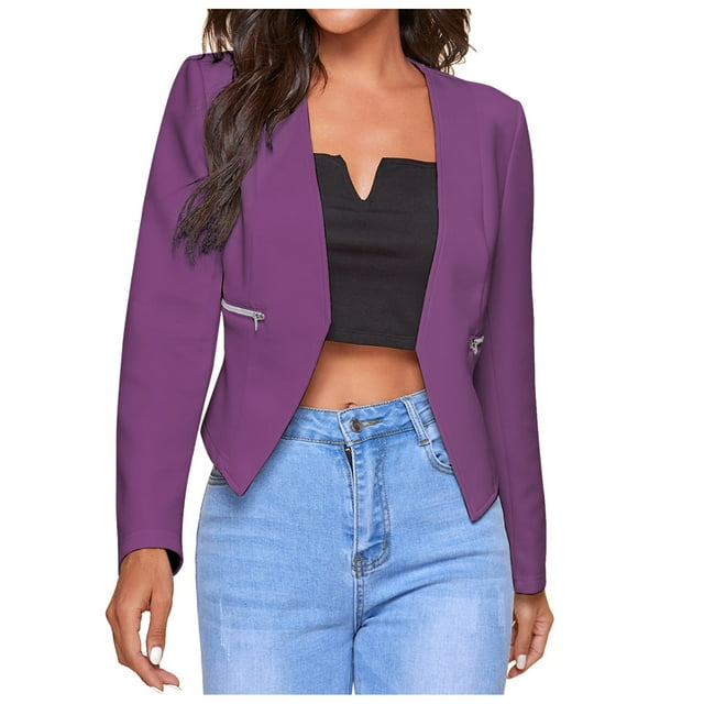 Ladies Elegant Casual Solid Color Zipper Pockets Suit Thin Jacket