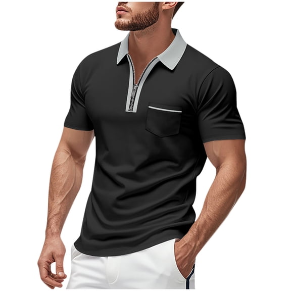USNSM Men's Summer Casual Shirts Quick Dry Lightweight Cotton Short Sleeve T Shirt Classic Zipper Collar Tee with Pocket Gray XXL